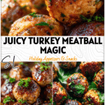 Juicy turkey meatballs garnished with parsley on a festive Thanksgiving table setting.